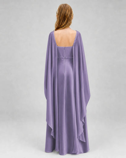 Dideyttawl Satin Junior Bridesmaid Dress with Detachable Chiffon Cape