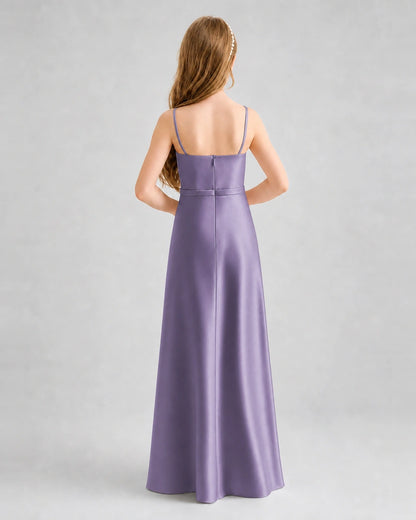 Dideyttawl Satin Junior Bridesmaid Dress with Detachable Chiffon Cape