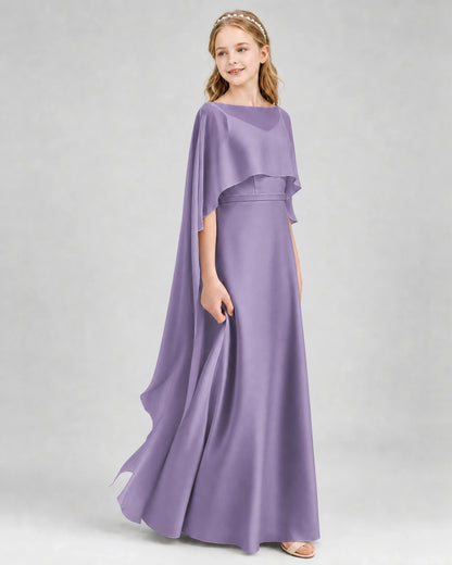 Dideyttawl Satin Junior Bridesmaid Dress with Detachable Chiffon Cape