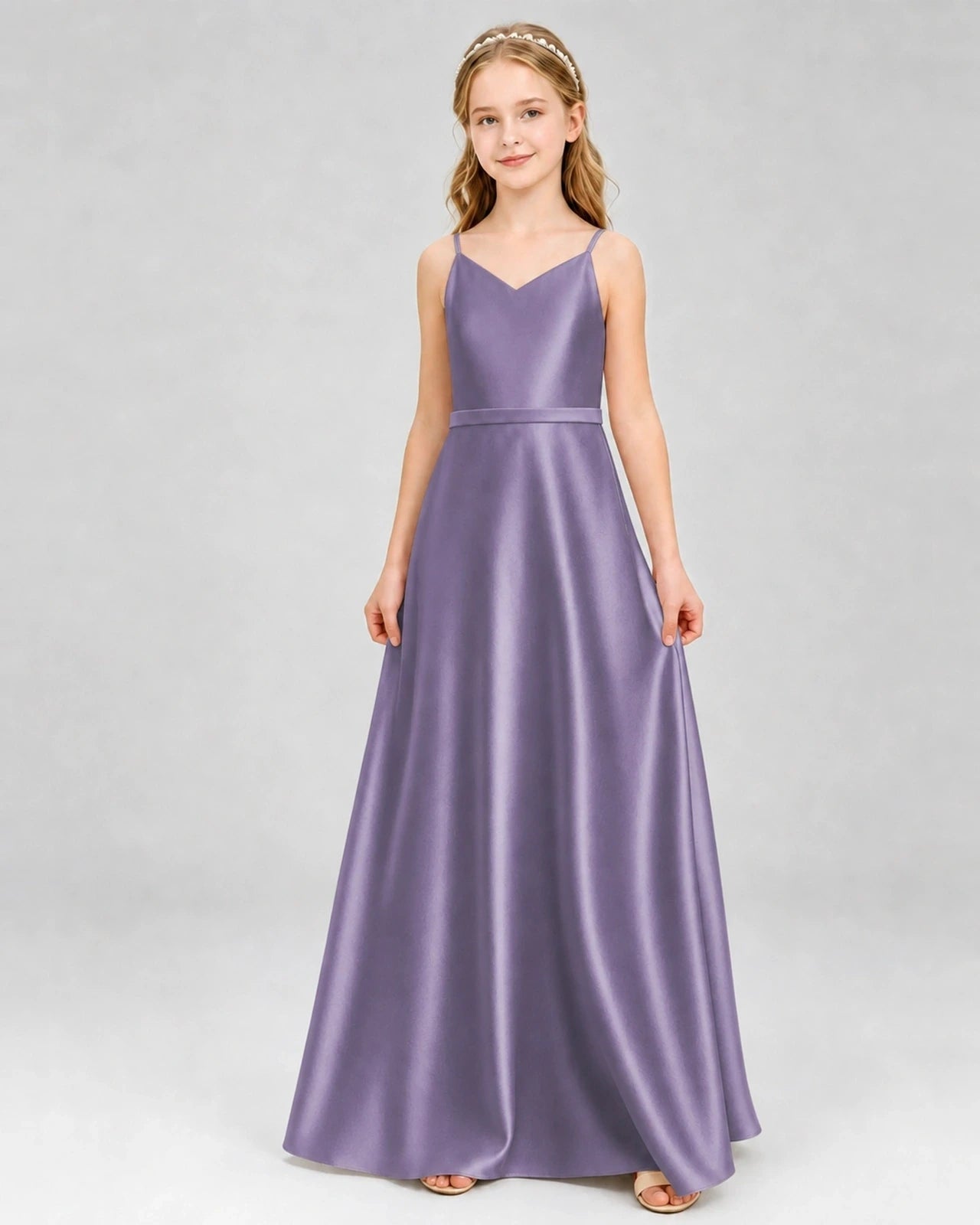 Dideyttawl Satin Junior Bridesmaid Dress with Detachable Chiffon Cape