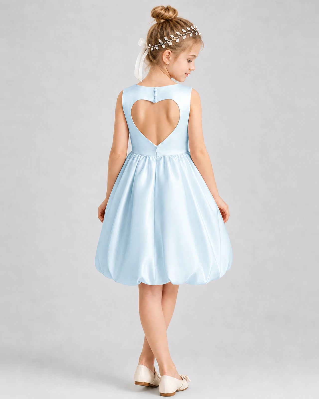 Baby Blue Satin Heart-Cutout Bubble Girls Formal Dresses Back View