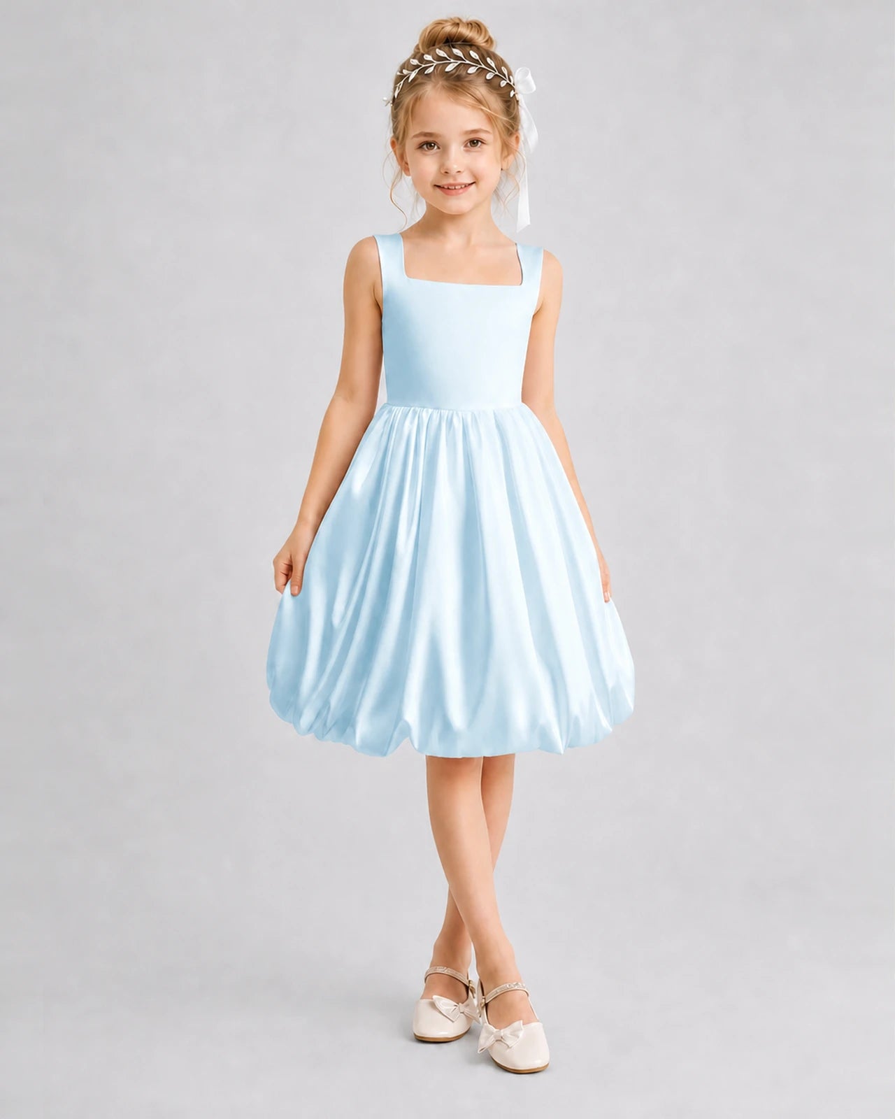 Baby Blue Satin Bubble Hem Girls Formal Dresses Front View