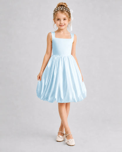 Baby Blue Satin Bubble Hem Girls Formal Dresses Front View