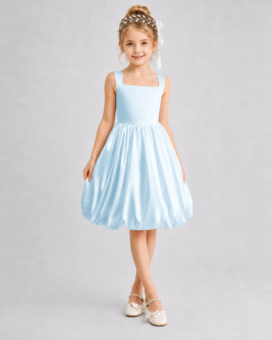 Dideyttawl Heart Cutout Square Neck Satin Bubble Girls Formal Dress