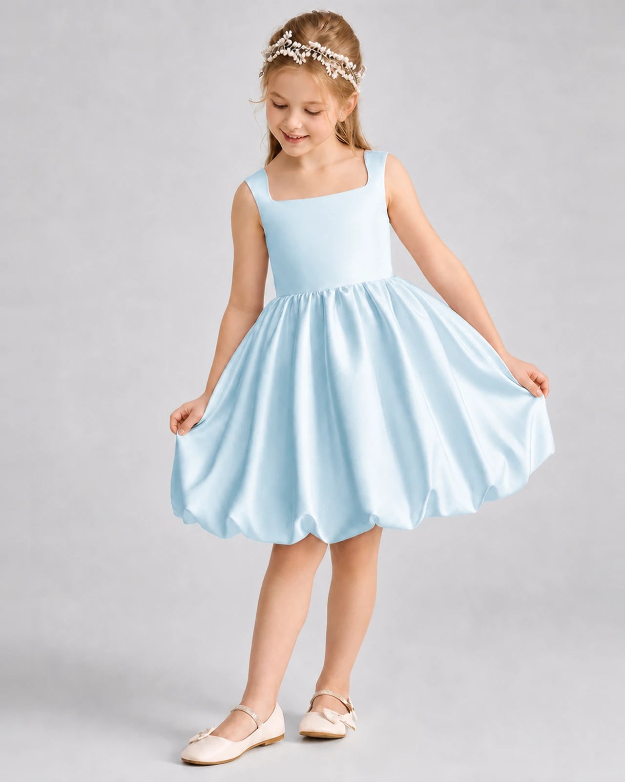 Baby Blue Satin Square Neck Bubble Girls Formal Dresses