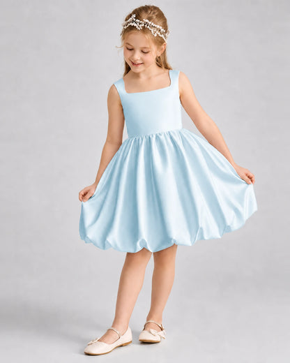 Baby Blue Satin Square Neck Bubble Girls Formal Dresses