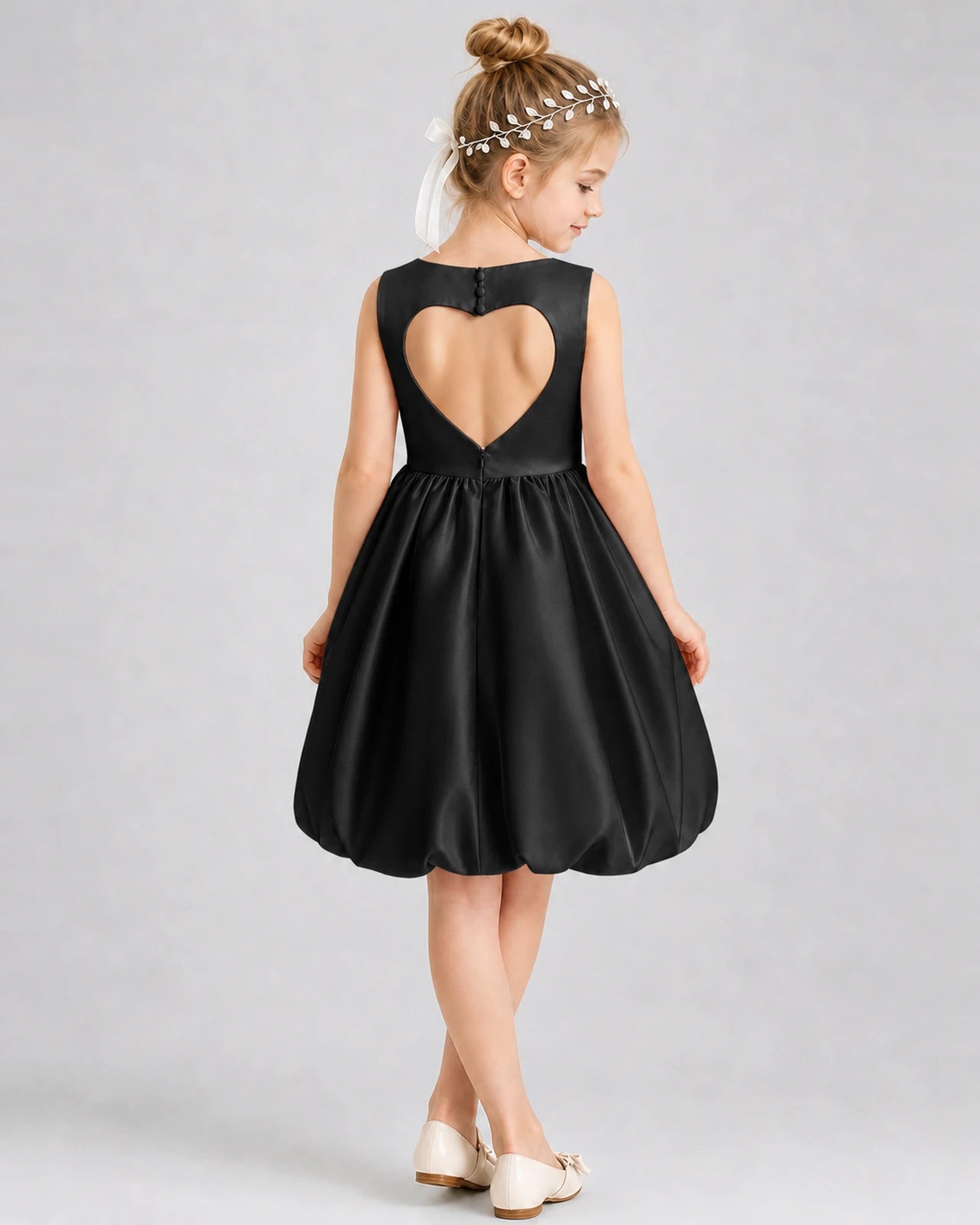 Black Satin Heart-Cutout Bubble Girls Formal Dresses Back View