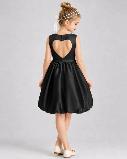 Black Satin Heart-Cutout Bubble Girls Formal Dresses Back View
