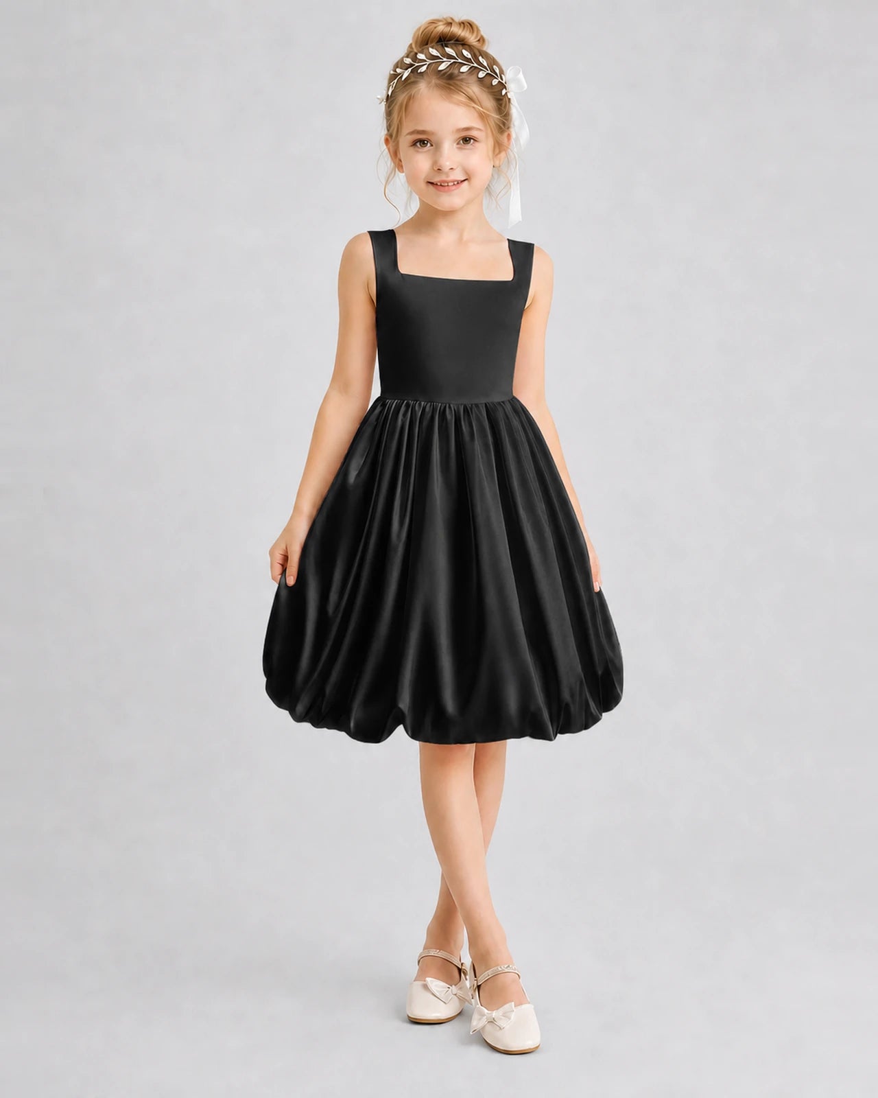 Black Satin Bubble Dress Girls Formal Dresses Front View