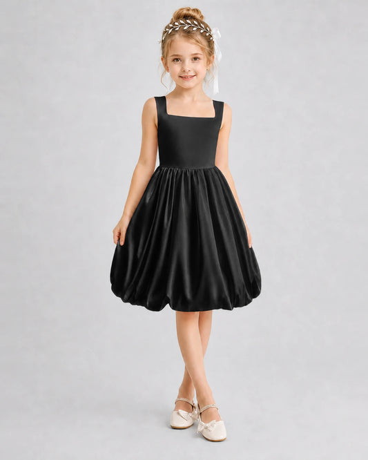 Black Satin Bubble Dress Girls Formal Dresses Front View