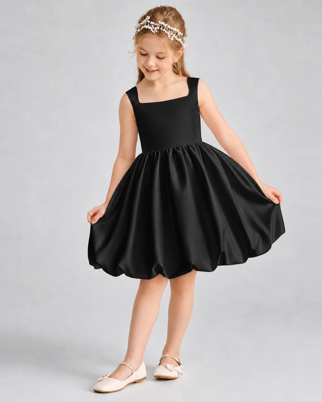 Black Satin Bubble Hem Girls Formal Dresses