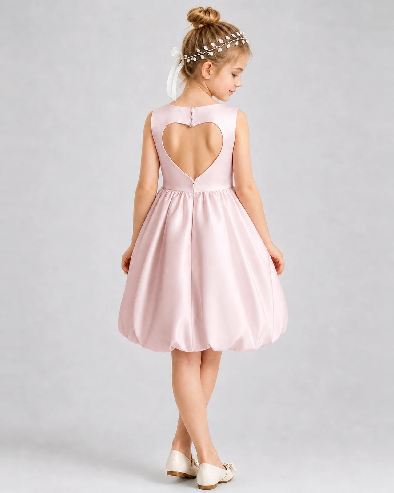 Blush Pink Satin Bubble Hem Girls Formal Dresses Back View
