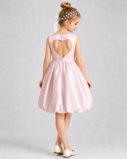 Blush Pink Satin Bubble Hem Girls Formal Dresses Back View