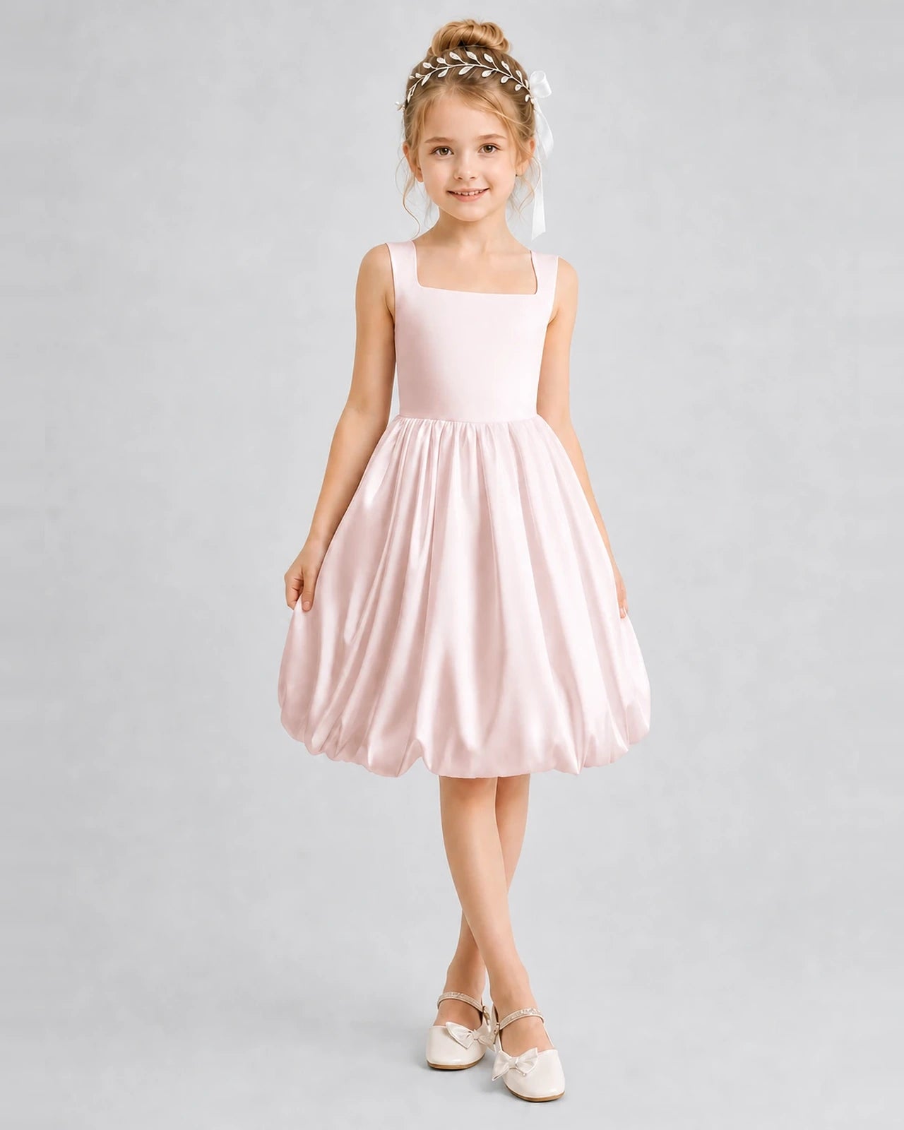 Blush Pink Satin Bubble Hem Girls Formal Dresses Front View