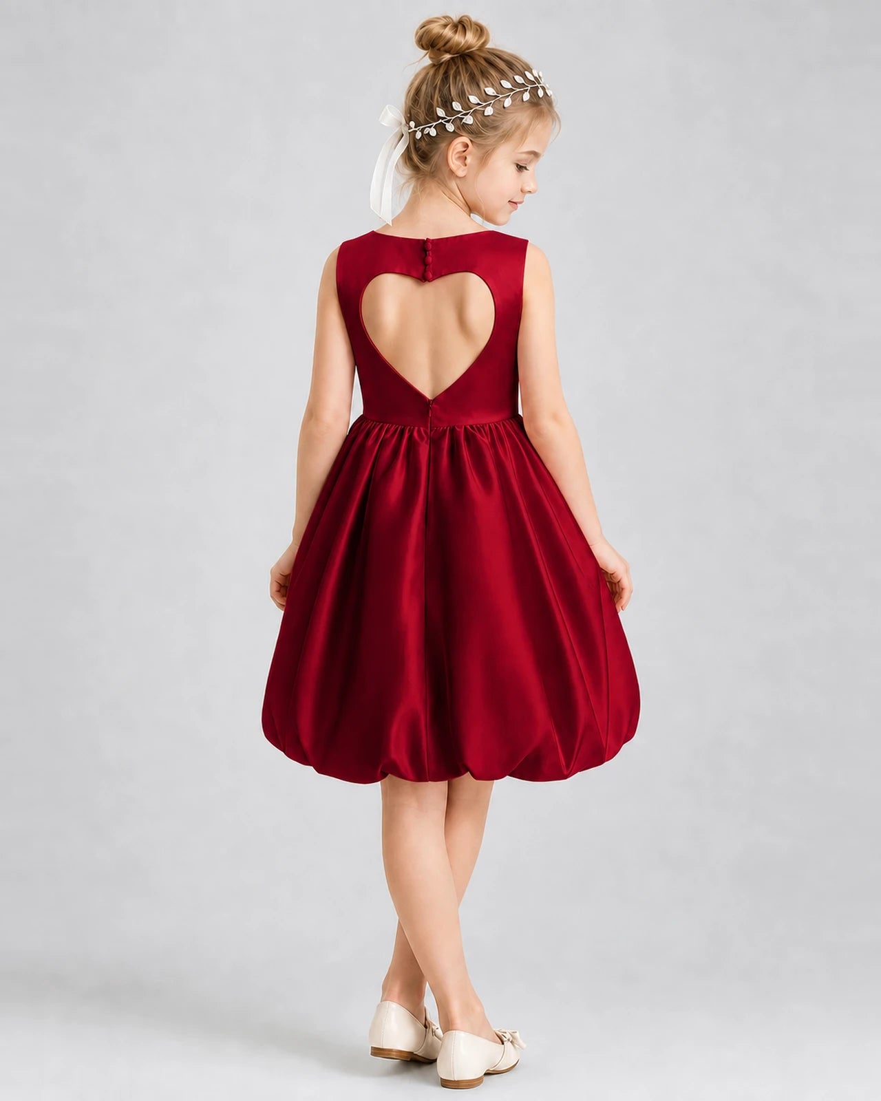 Burgundy Satin Heart Cutout Bubble Hem Girls Formal Dresses Back View