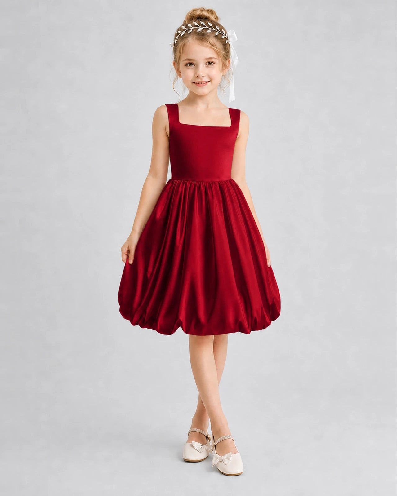 Burgundy Satin Bubble Hem Girls Formal Dresses Front View