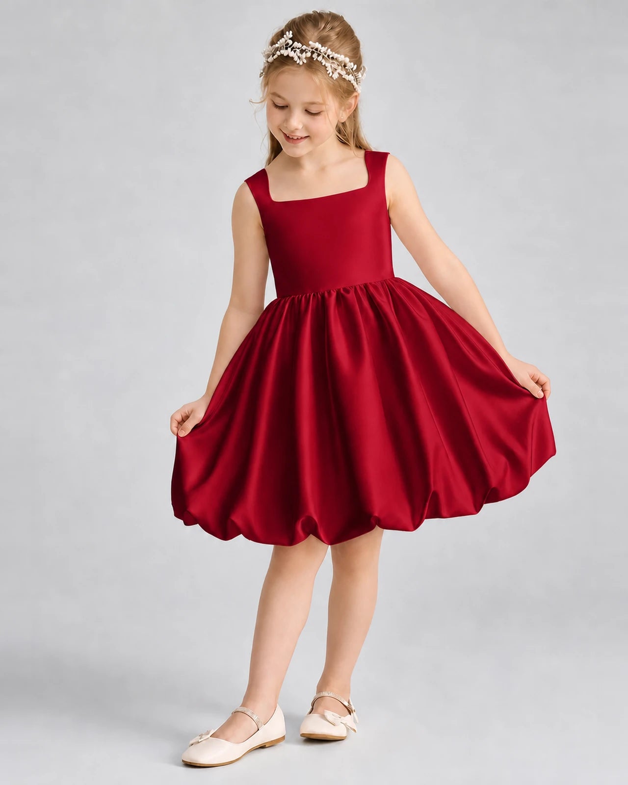Burgundy Satin Bubble Hem Girls Formal Dresses