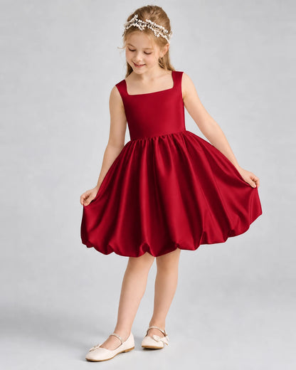 Burgundy Satin Bubble Hem Girls Formal Dresses