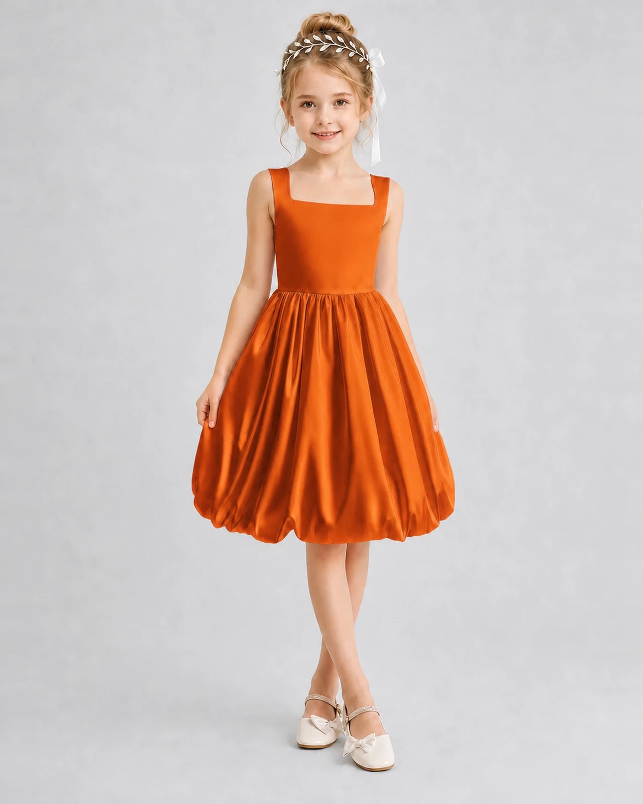 Burnt orange satin square neck bubble dress girls formal dresses front view
