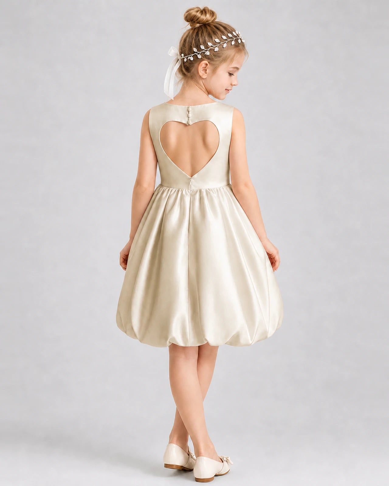 Champagne Satin Heart Cutout Bubble Hem Girls Formal Dresses Back View