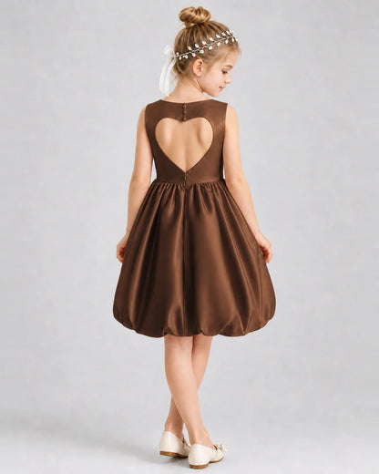 Chocolate Satin Heart Cutout Bubble Hem Girls Formal Dress Back View