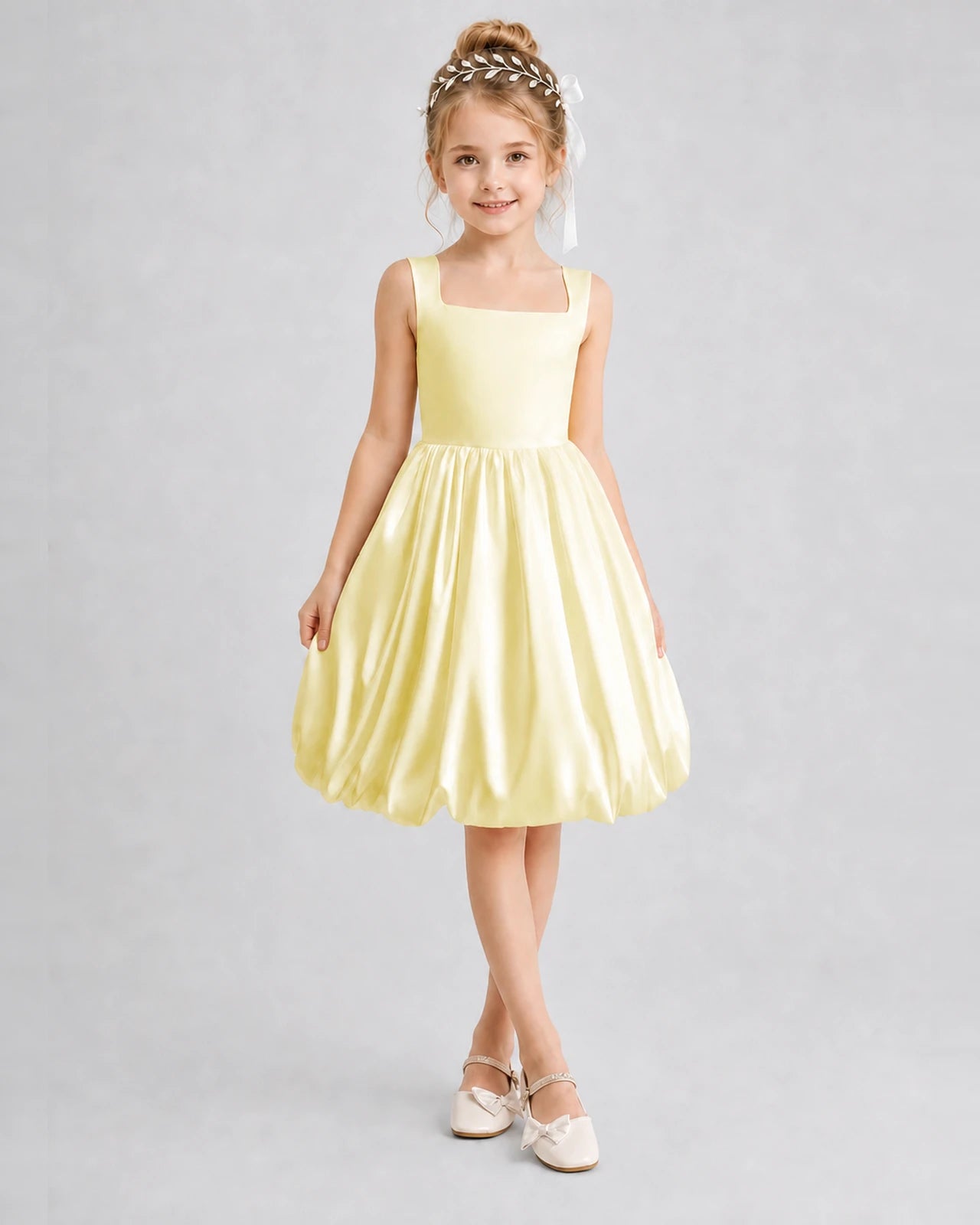 Daffodil Satin Bubble Hem Girls Formal Dresses Front View