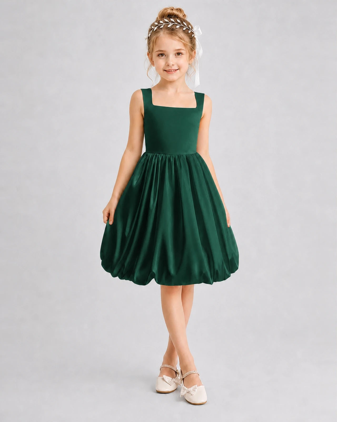 Dark Green Satin Square Neck Bubble Girls Formal Dresses Front View