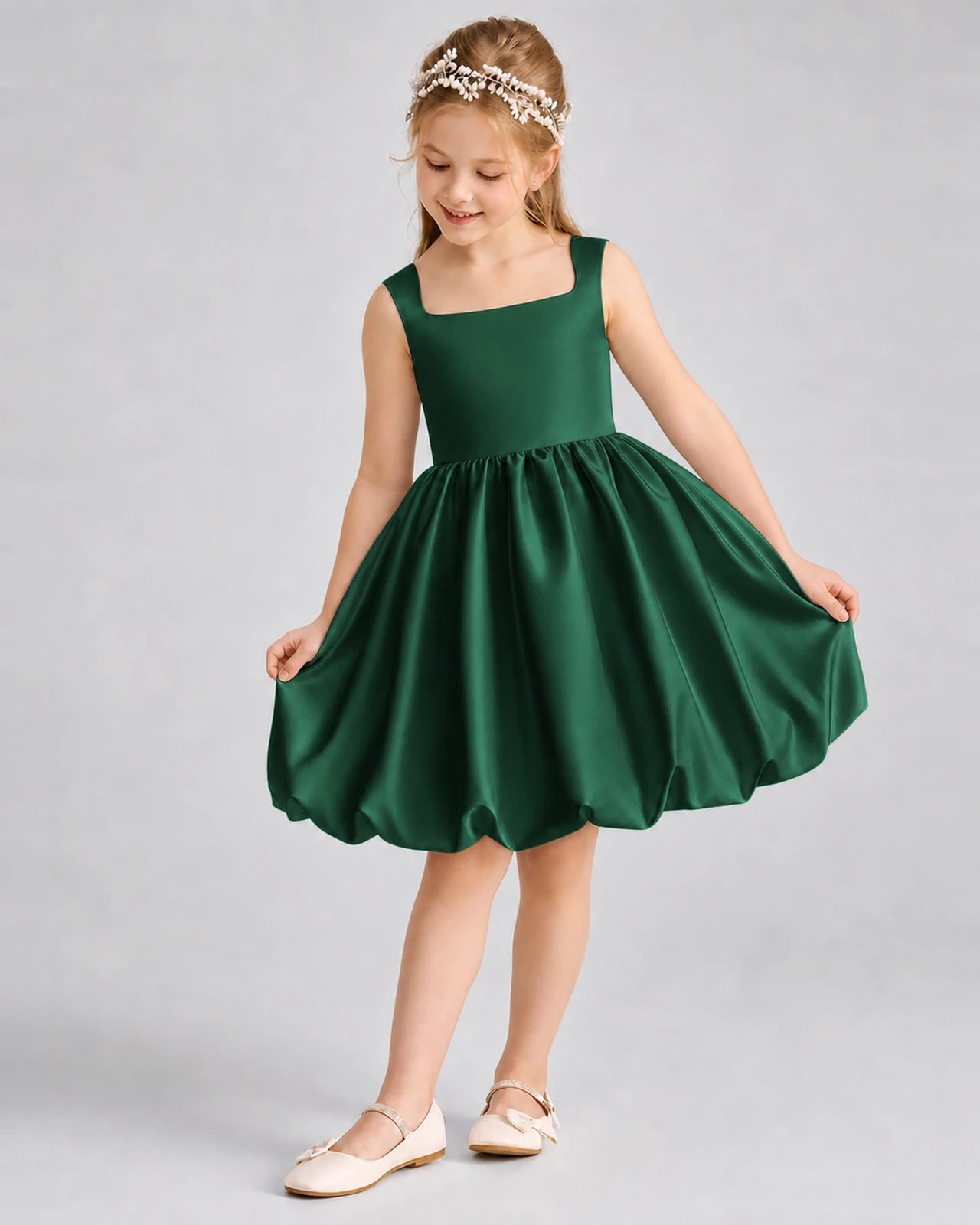Dark Green Satin Square Neck Bubble Girls Formal Dresses