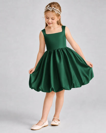 Dark Green Satin Square Neck Bubble Girls Formal Dresses