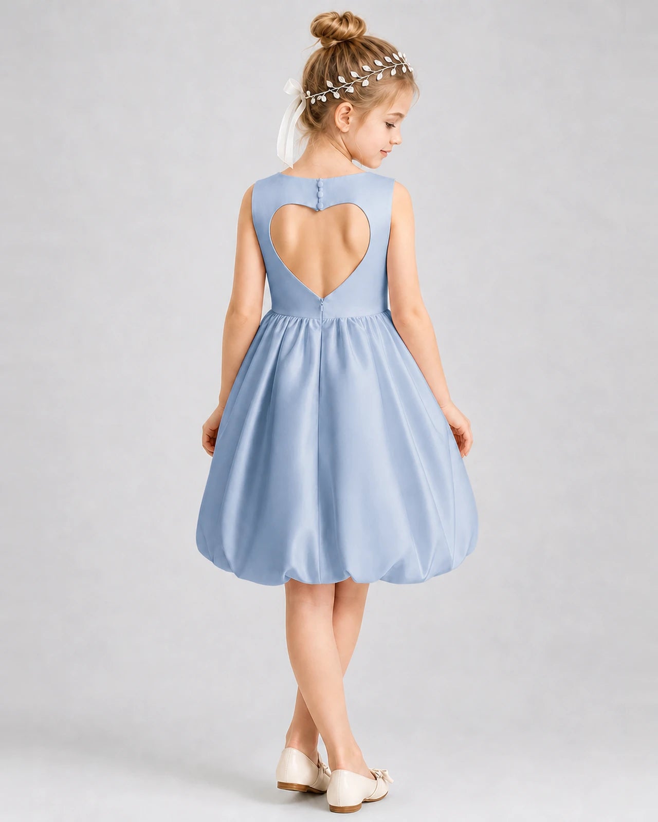 Dusty Blue Satin Heart Cutout Bubble Dress Girls Formal Dresses Back View