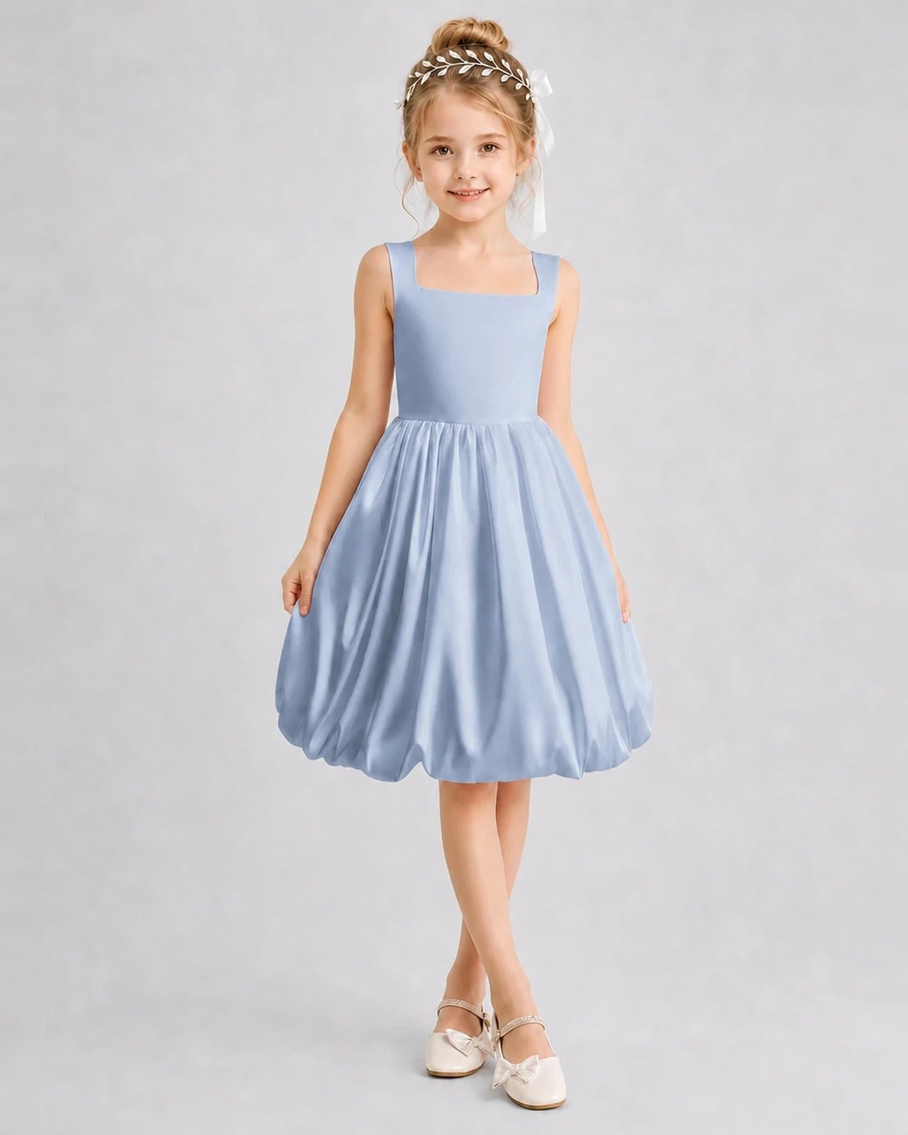 Dusty Blue Satin Bubble Skirt Girls Formal Dresses Front View