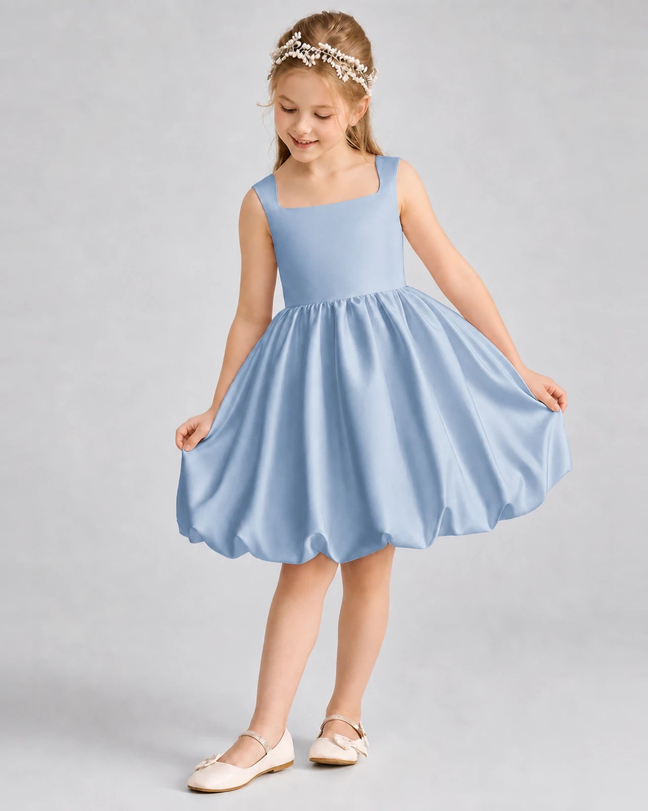 Dusty Blue Satin Bubble Skirt Girls Formal Dresses