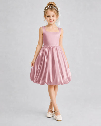 Dusty Rose Satin Bubble Hem Girls Formal Dresses Front View