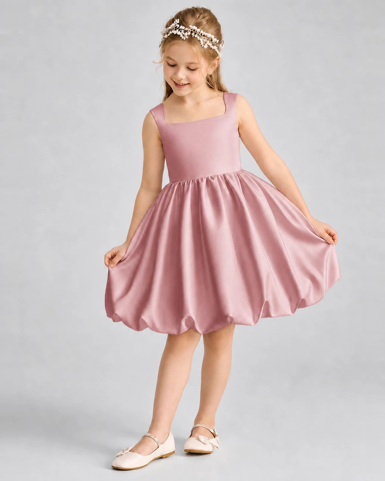 Dusty Rose Satin Square Neck Bubble Hem Girls Formal Dresses Front View
