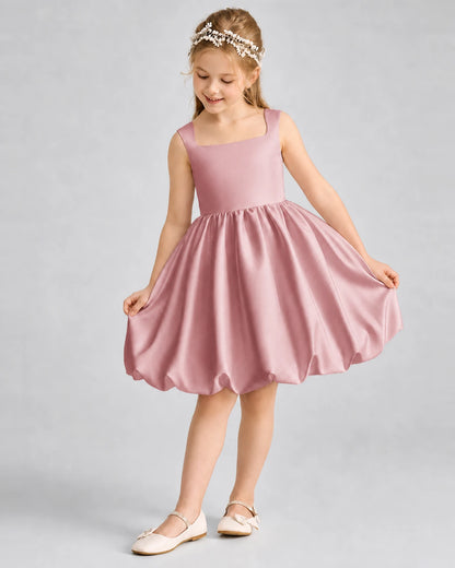 Dusty Rose Satin Square Neck Bubble Hem Girls Formal Dresses Front View