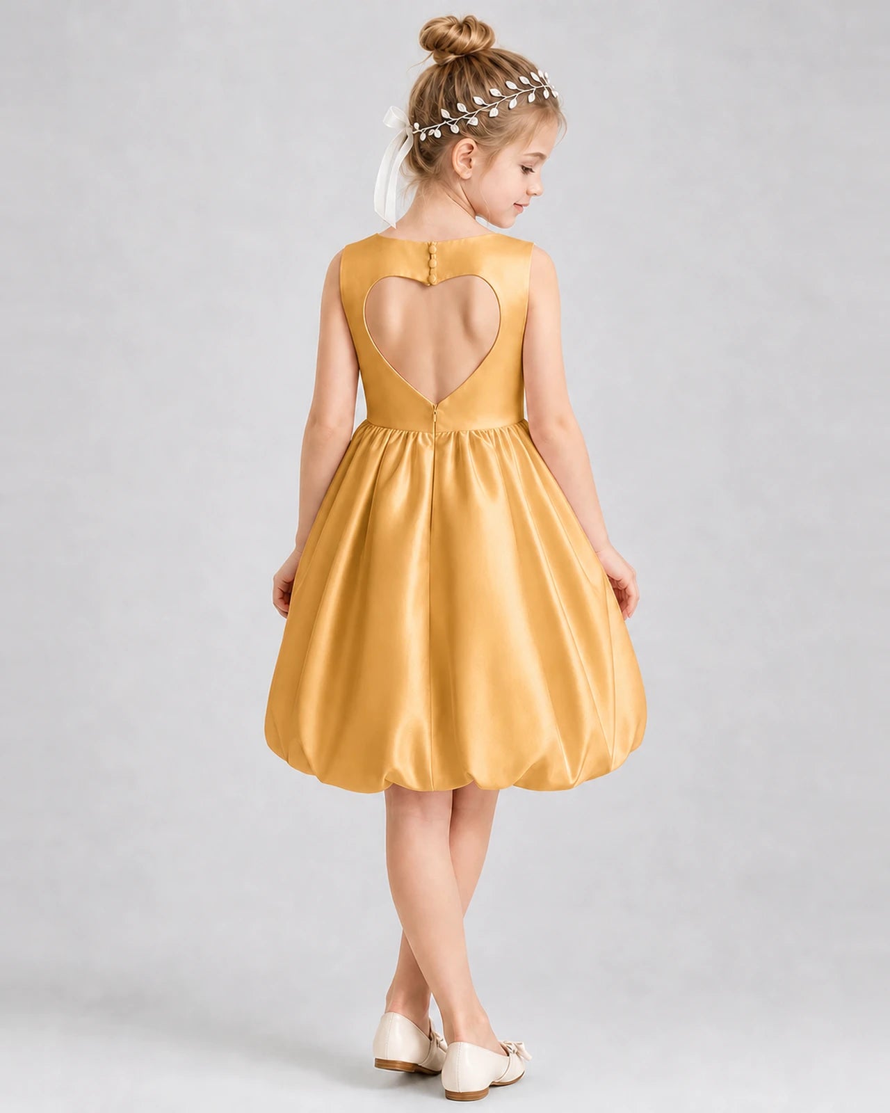 Gold Satin Bubble Hem Cut-Out Back Girls Formal Dresses Back View