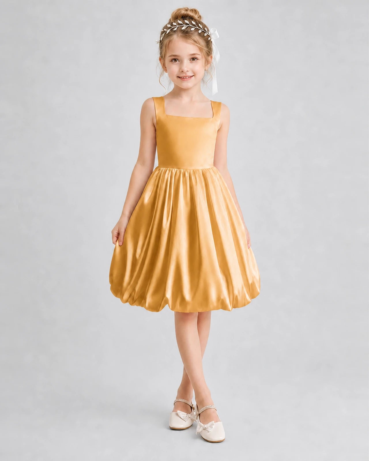Gold Satin Bubble Hem Girls Formal Dresses Front View