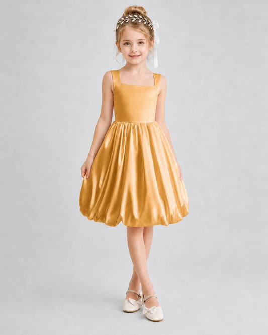 Gold Satin Bubble Hem Girls Formal Dresses Front View