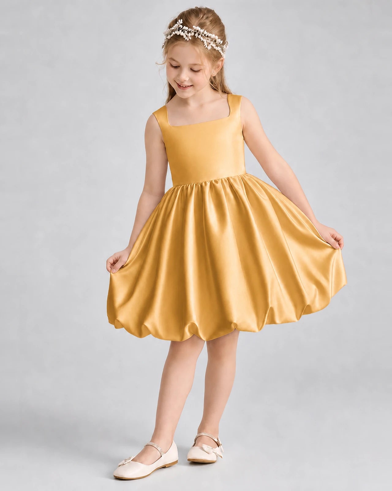 Gold Satin Bubble Hem Girls Formal Dresses