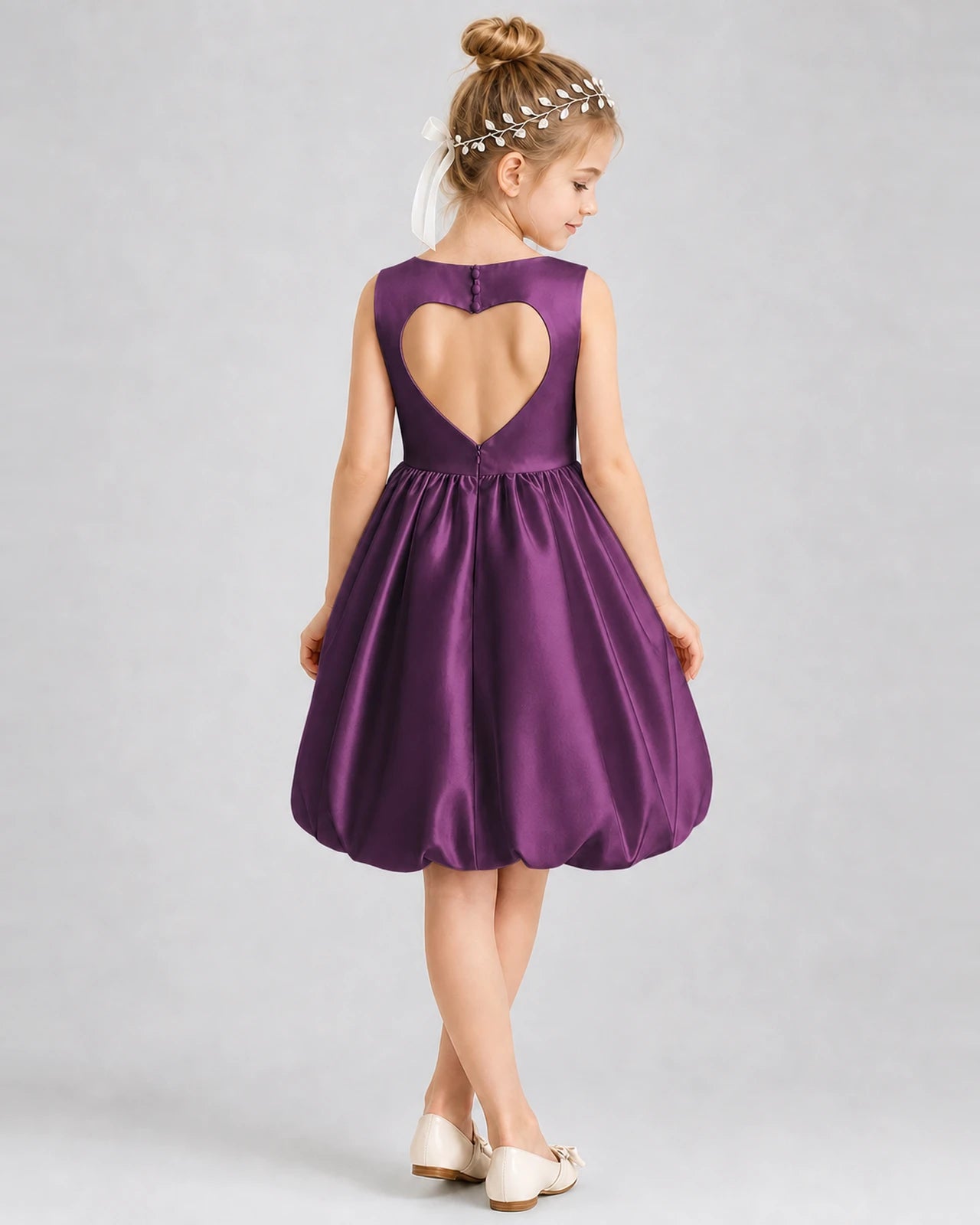 Grape Satin Heart Cutout Bubble Hem Girls Formal Dresses Back View