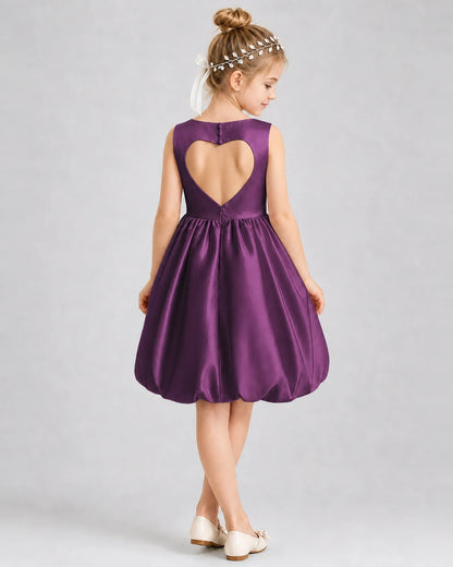 Grape Satin Heart Cutout Bubble Hem Girls Formal Dresses Back View