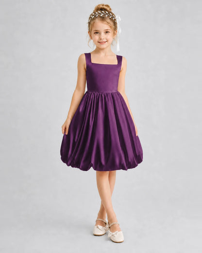 Grape Satin Bubble Girls Formal Dresses Front View
