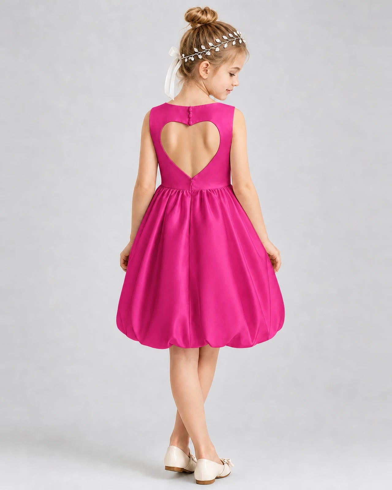 Hot Pink Satin Heart Cutout Bubble Girls Formal Dresses Back View