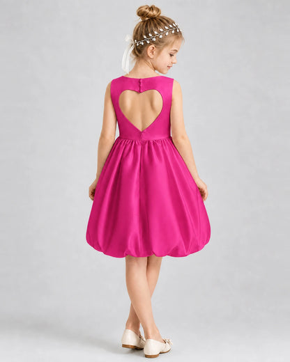 Hot Pink Satin Heart Cutout Bubble Girls Formal Dresses Back View