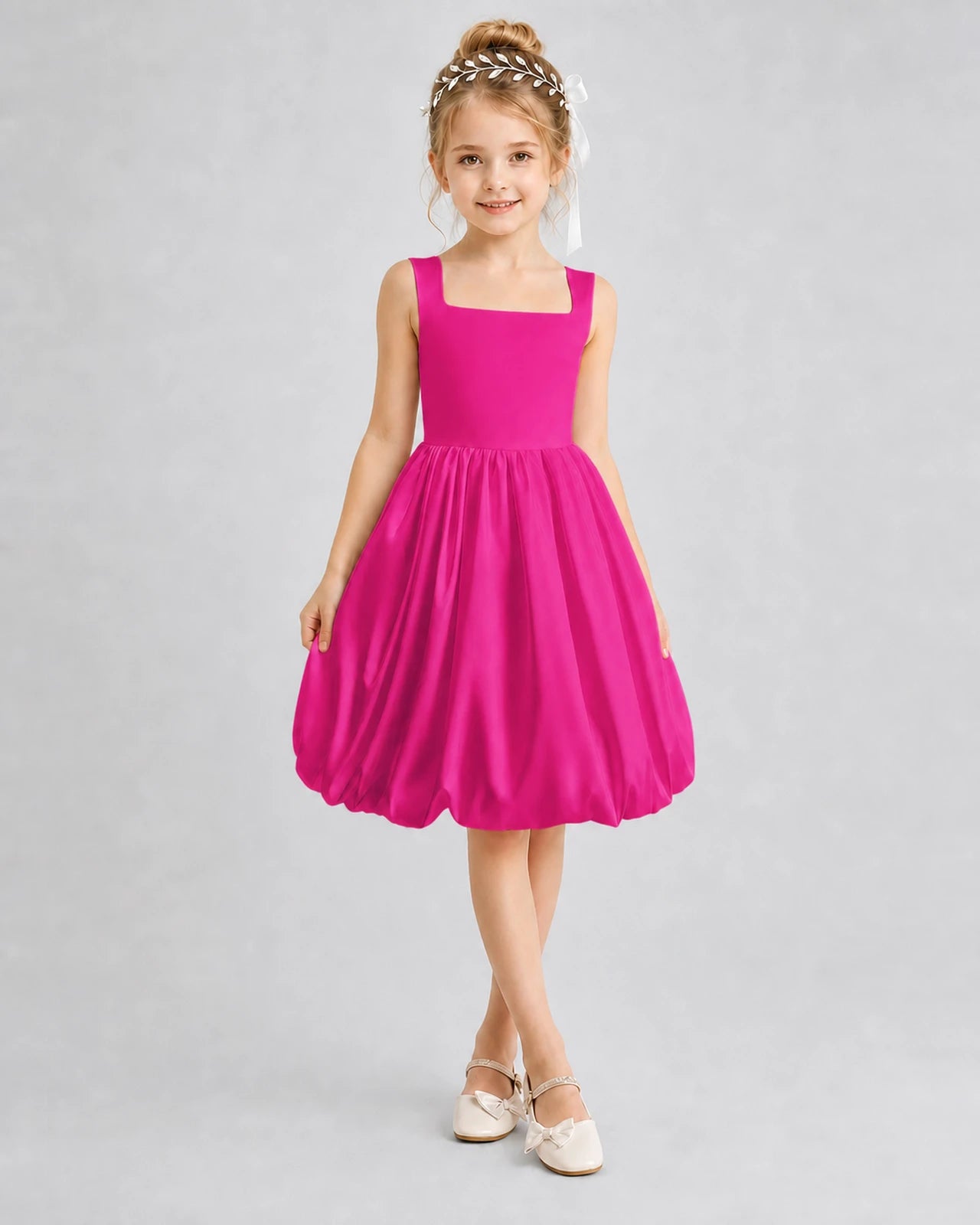 Hot Pink Satin Bubble Dress Girls Formal Dresses Front View