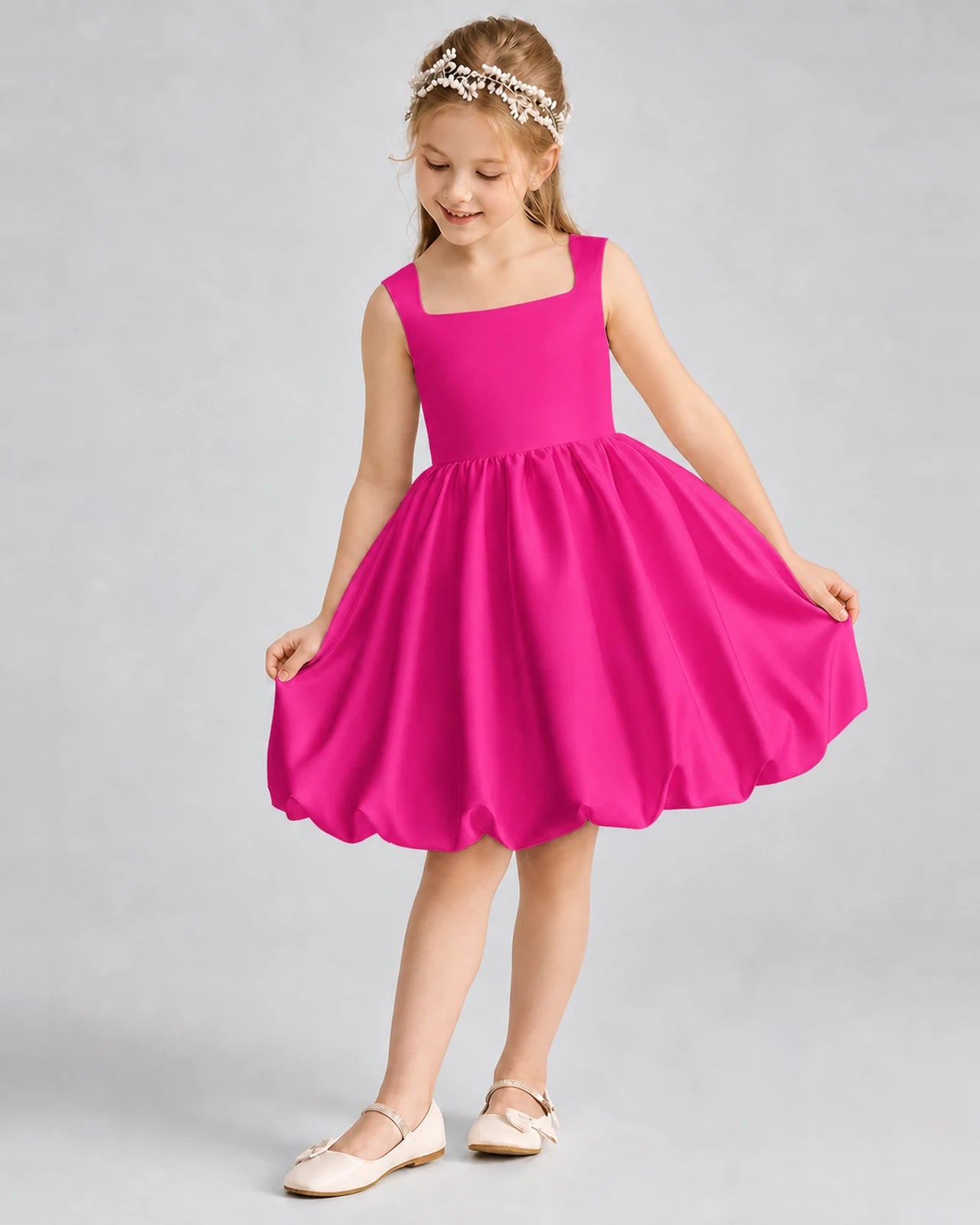 Hot Pink Satin Bubble Hem Girls Formal Dresses