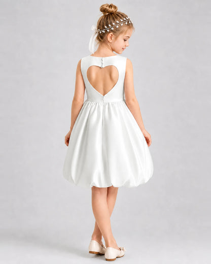 Ivory Satin Heart Cutout Bubble Girls Formal Dresses Back View