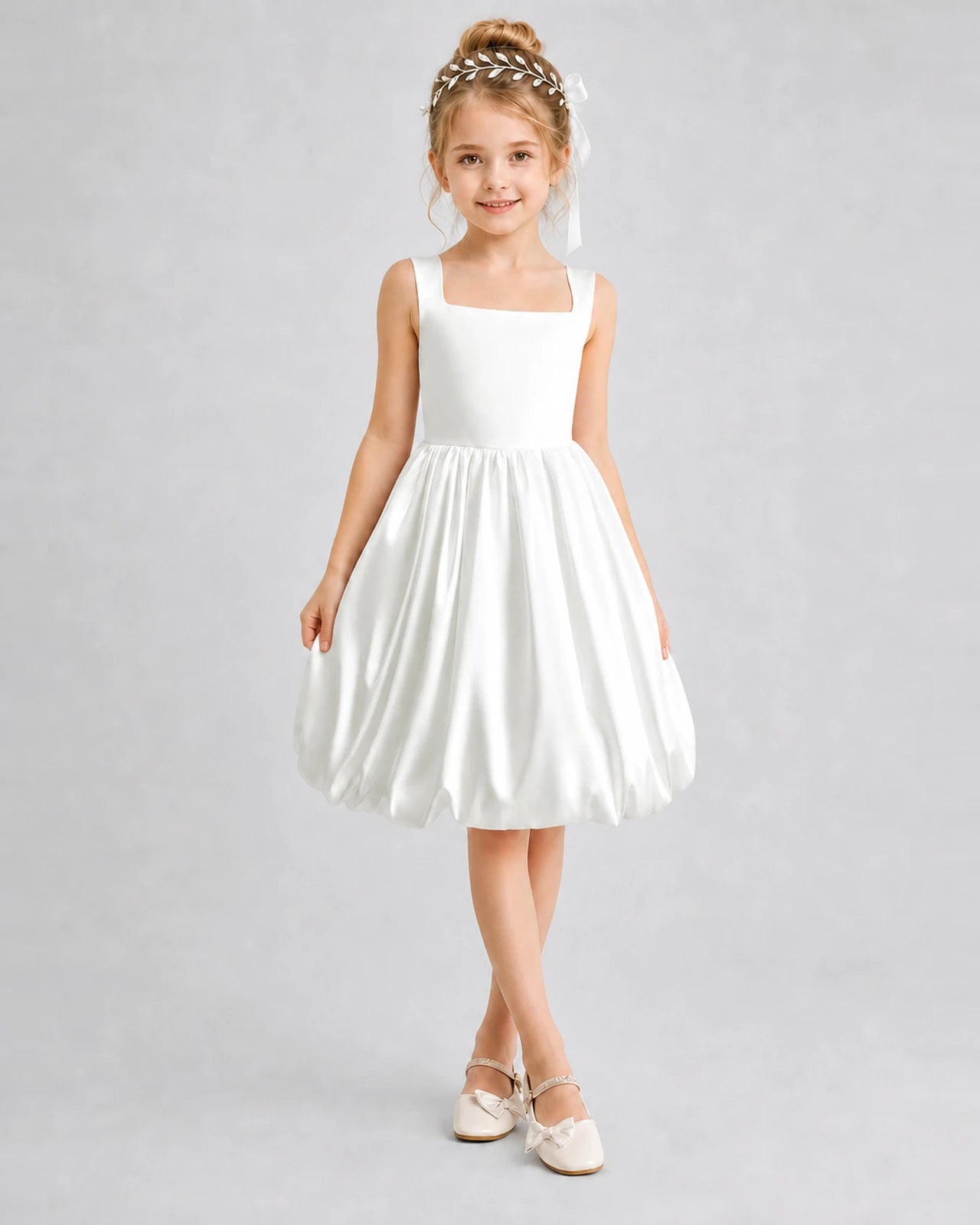 Ivory Satin Bubble Hem Girls Formal Dresses Front View