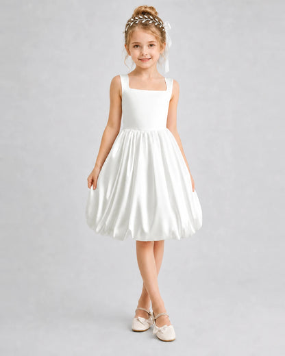 Ivory Satin Bubble Hem Girls Formal Dresses Front View