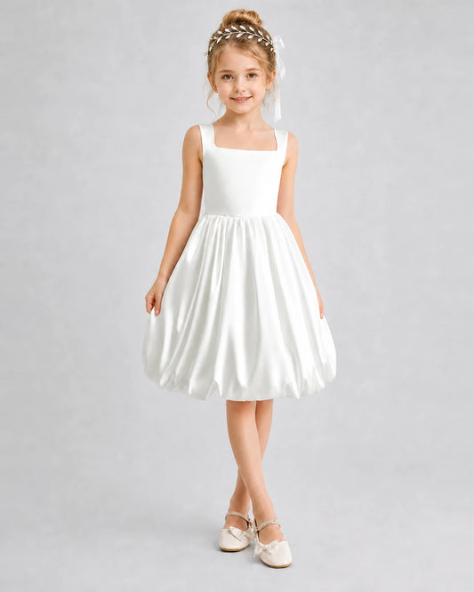 Ivory Satin Bubble Hem Girls Formal Dresses Front View